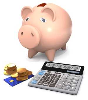 A piggy bank, some coins and a calculator